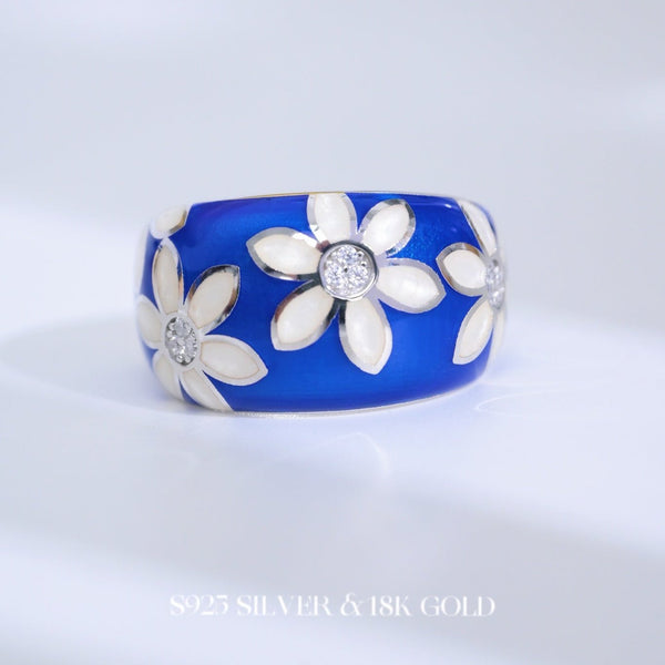 Blue & White Enamel Daisy Ring