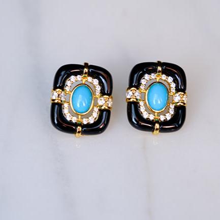 Green Turquoise and Black Agate Stud Earrings